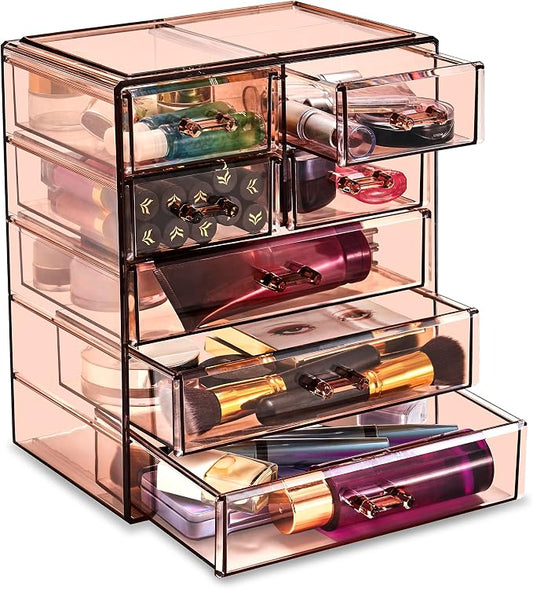 Sorbus Acrylic Makeup Organizer Set, 7-Drawer Vanity & Countertop Cosmetic Storage with Small & Wide Drawers, Bronze Glow Makeup Storage for Brushes, Lipsticks, Jewelry, Holiday Gift for Women & Teens by Sorbus
