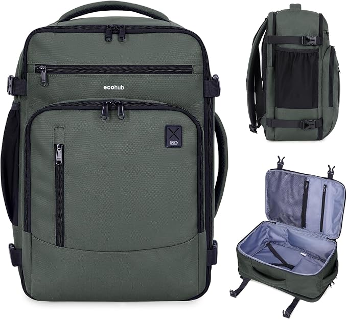 ECOHUB 17" Small Travel Backpack, United Airlines Personal Item Bag 17x10x9 with 16 Pockets, Water Resistant Rucksacks Fit 15.6" Laptop, AirTag Pocket, Lightweight Casual Daypack, 25L, Green by ECOHUB