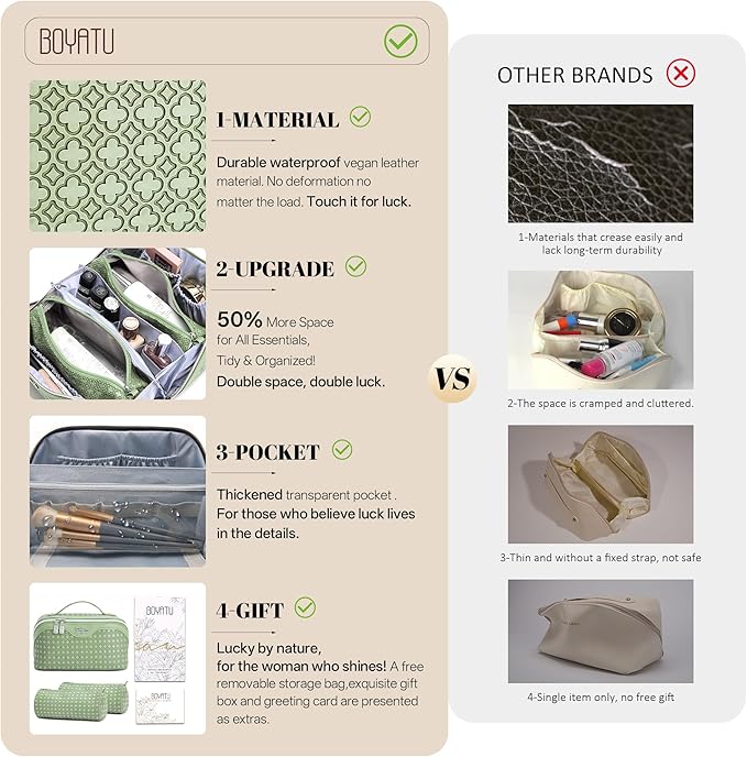 BOYATU Travel Makeup Bag for Women: Four Leaf Clover Large Capacity 3 Pcs Set Cosmetic Bags - Waterproof 50% Extra Space for Toiletry Organizer - Travel Essentials for Fortunate (01 Light Green) - Image 3