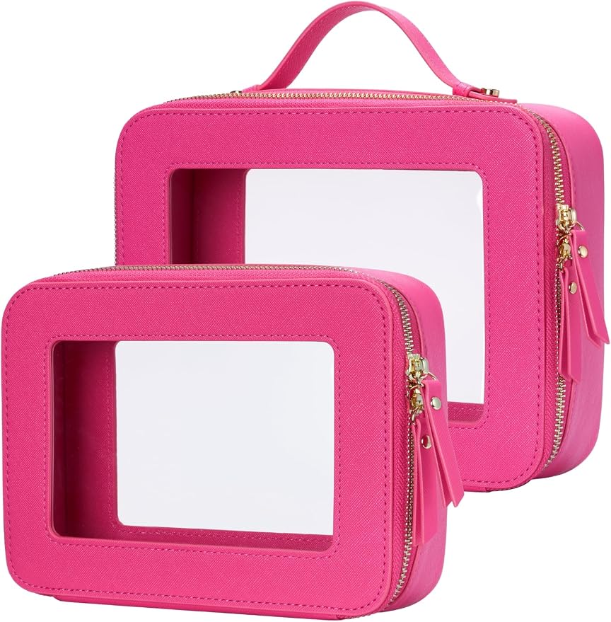 Popvibe Clear Makeup Bag Travel Cosmetic Case Transparent Toiletry Bag with Zipper, Portable Make Up Organizer Traveling Compact Car Bag for Essentials, Hotpink, Medium and Large by POPVIBE