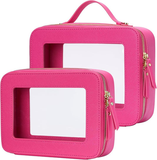 Popvibe Clear Makeup Bag Travel Cosmetic Case Transparent Toiletry Bag with Zipper, Portable Make Up Organizer Traveling Compact Car Bag for Essentials, Hotpink, Medium and Large by POPVIBE