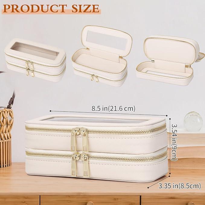 Double Layer Makeup Bag Makeup Brush Case Waterproof Travel Cosmetic & Toiletry Bag Purse Organizer and Car Essentials for Women (Beige, 2-Layer SLIM) - Image 4