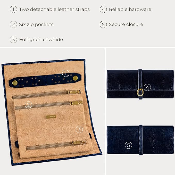 Time Resistance Leather Jewelry Roll - Full Grain Leather Travel Jewelry Case - Jewellery Organizer Made in Italy (Blue) - Image 6