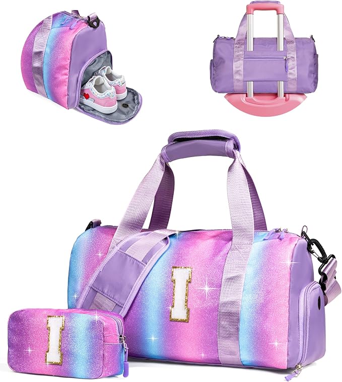 Birthday Gifts for Kid-Girl Gym Bag with Shoe Compartment, Kid Personalized Weekender Overnight Bags, Initial Travel Tote with Makeup Pouch Gifts for Kids (Letter I) by Vogewood
