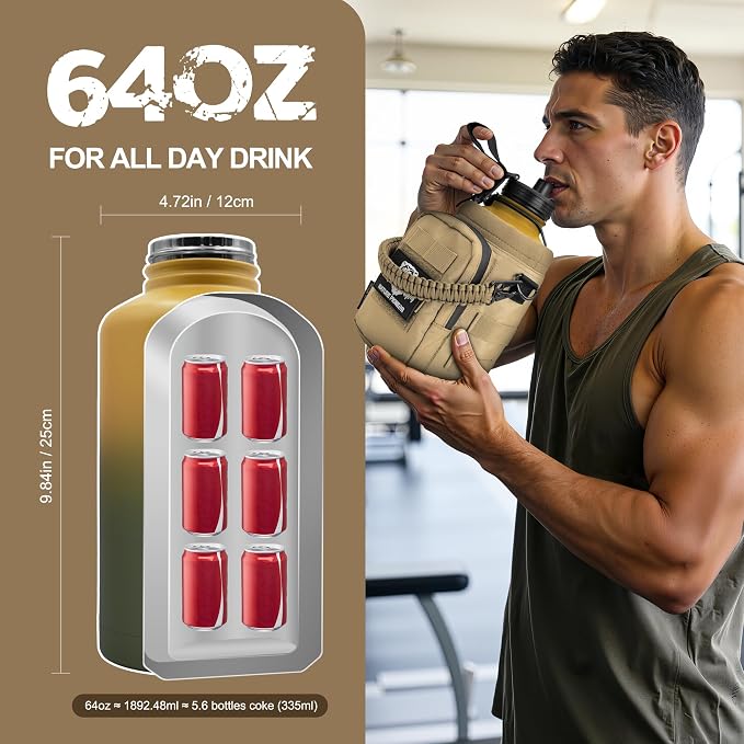 NATURE PIONEOR 64 oz Tactical Water Bottle with MOLLE Bottle Pouch & 3 Lids | 18/8 Food-grade Stainless Steel, Double Vacuum Insulation, 3 Leak-proof Lids, Handle, Strap, Camping, Hiking, Gym, Work - Image 6
