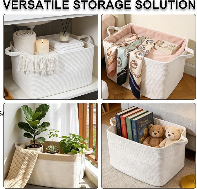 96L XXXLarge Woven Laundry Basket with Sturdy Handles - White | 24x16x15 Foldable Rectangular Blanket Basket for Toys, Clothes & Pillows,Ideal for Nursery, Bathroom, Bedroom, Living Room - Image 8