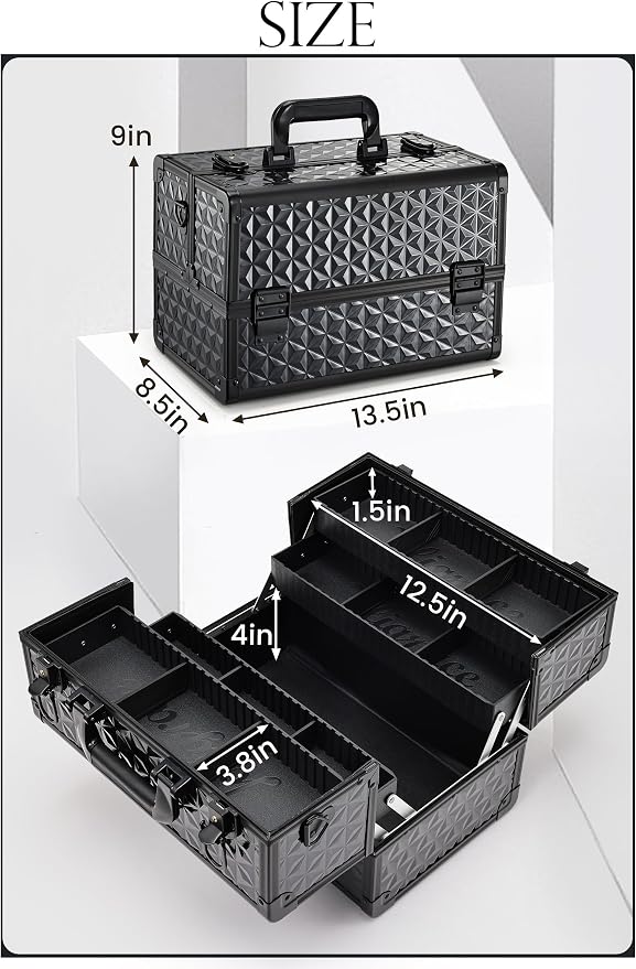 Joligrace Makeup Train Case Professional Cosmetic Organizer Aluminum Storage Box with 4 Adjustable Dividers Trays Lockable Portable with Shoulder Strap - Image 7