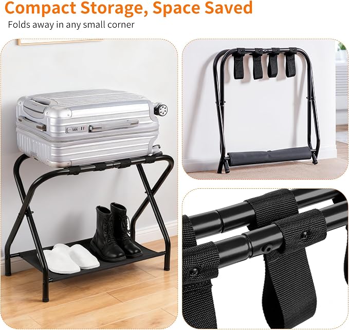 Heybly Luggage Rack for Guest Room, Pack of 2, Steel Folding Suitcase Stand with Storage Shelf for Bedroom, Hotel, Foldable Steel Frame, Guest Room 26.2" L x 14.4" W x 20.5" H, Black HLR004B2 - Image 3