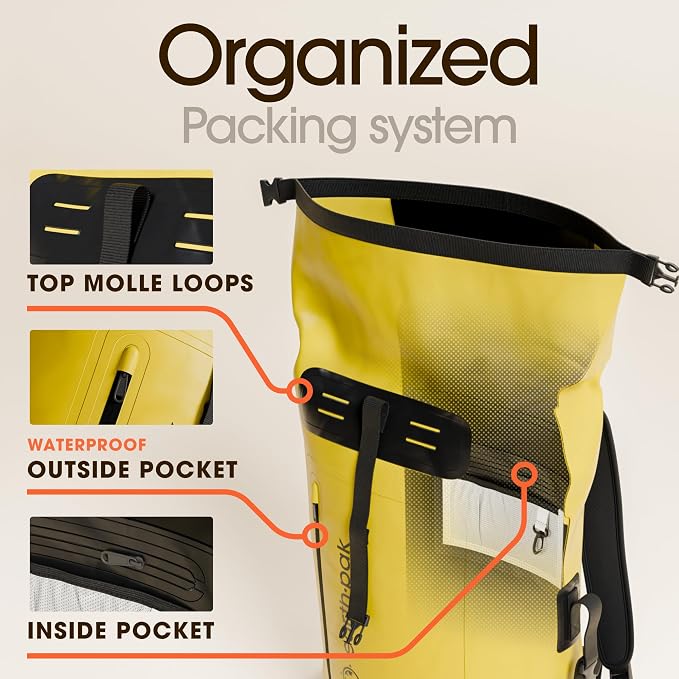 Earth Pak Waterproof Backpack - Heavy Duty Roll-Top Closure with Easy Access Front-Zippered Pocket and Cushioned Padded Back Panel for Comfort with IPX8 Waterproof Phone Case, Yellow, 85L, Messenger - Image 5