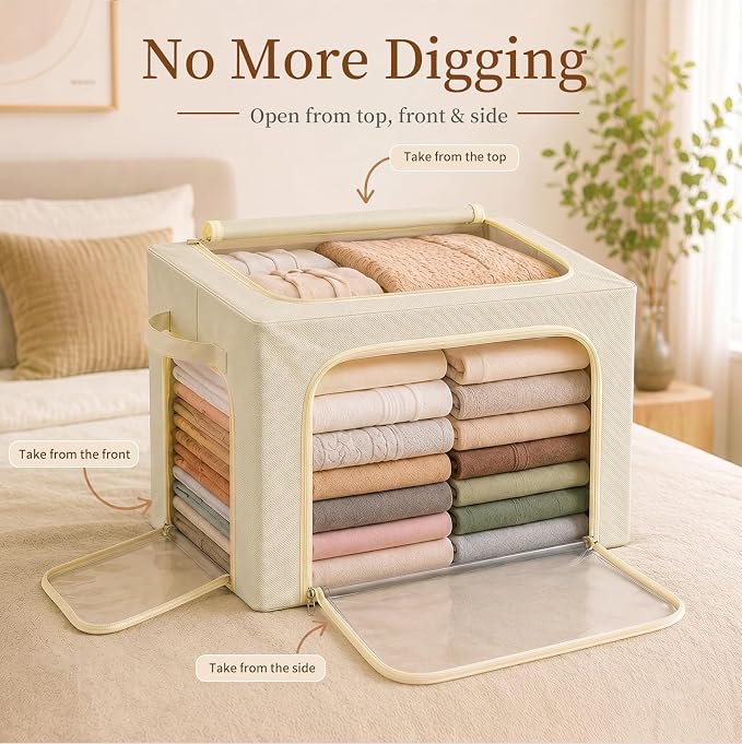 GoMaihe 3 Opening Clothes Storage Bins with Metal Frame, 40L Sweater Storage Organizer for Upper Shelf Closet Storage Boxes with Clear Window for Hoodies Jeans Towel 6-Pack Beige - Image 2
