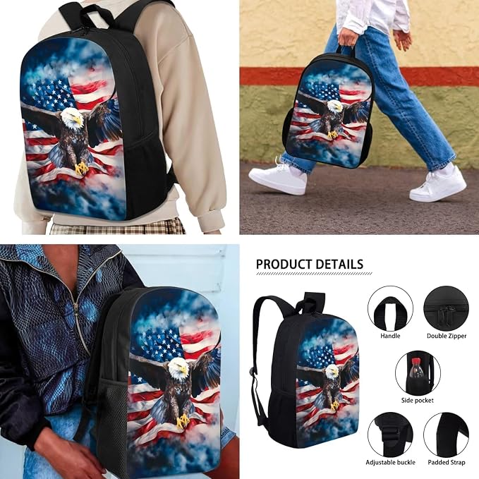 Mumeson Eagle Flag Kids Backpack for Boys Girls Preschool Backpack Schoolbag Lightweight School Backpack with Thermal Lunch Bag Box Portable Pencase Pencil Bag 3 Pieces - Image 5