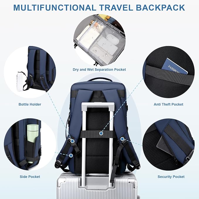 BAGOK Carry On Travel Backpack, 35L-40L Expandable Extra Large Airline Approved,Lightweight Daypack for Men and Women（Blue） - Image 4
