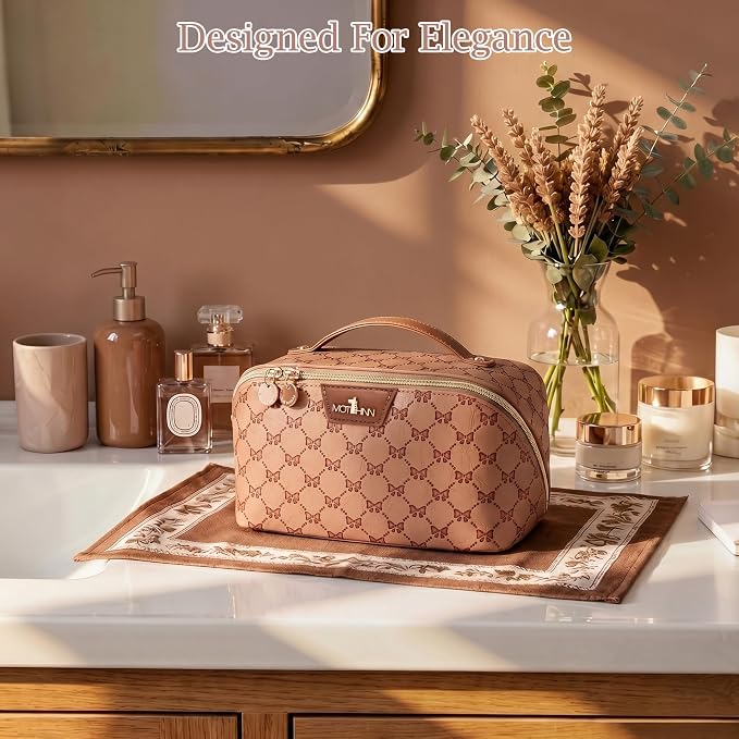 Travel Makeup Bags for Women: 3 Pcs Set Luxury Bow Print Make up Bag - Large Capacity Cute Cosmetic Case - 3–15 Day Travel Toiletry Organizer Bag, Comes with An Gift Box(Cocoa Brown) - Image 7