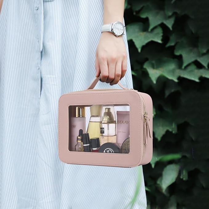 Pinkmik Clear Makeup Bag with Brush Bag Portable Cosmetic Bag Case Travel Toiletry Bag Car Essential for Women (Pink, L+SLIM) - Image 3