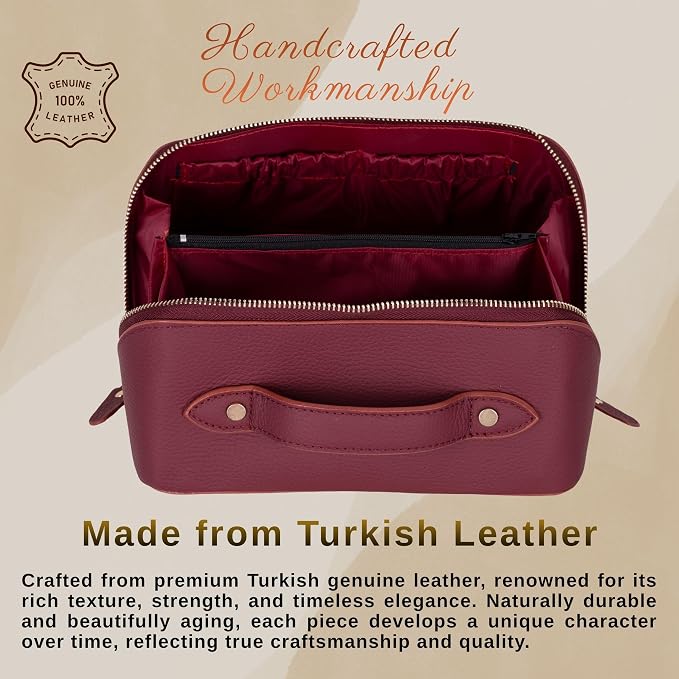 VENOULT Makeup Bag, Spacious Cosmetic Case for Women, Portable 180° Wide-Open Flat Cosmetic Bag, Travel Toiletry Organizer with Handle, Hanmdade, Full Grain Genuine Turkish Leather (Maroon) - Image 4