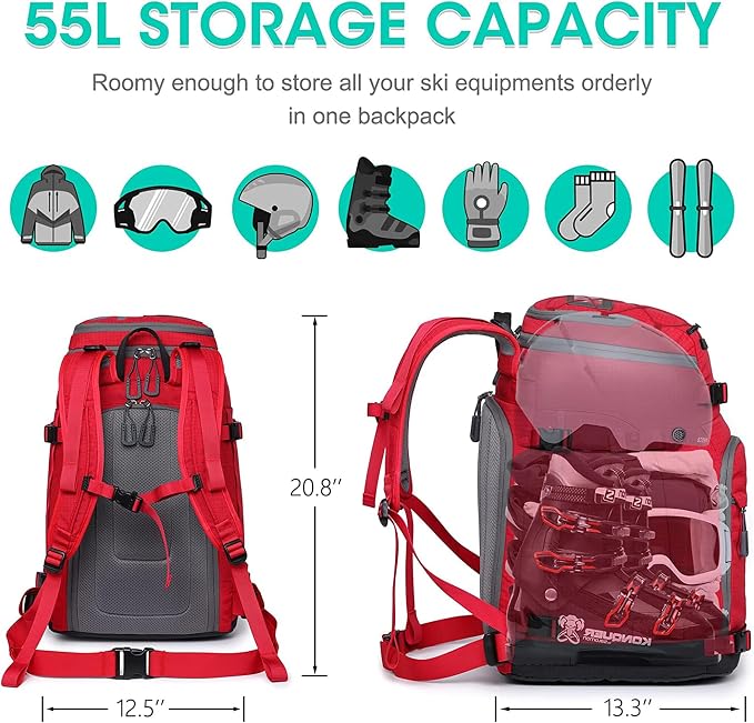 Ski Boot Bag, 55L/70L Waterproof Ski and Snowboard Boots Travel Backpack for Skis, Snowboard, Ski Helmet, Goggles, Gloves & Accessories - Image 2