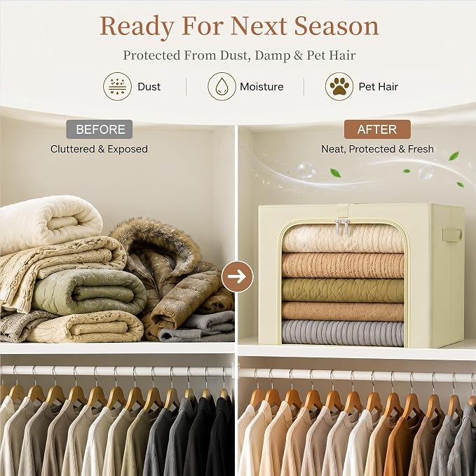 GoMaihe Clothes Storage Bins with Metal Frame, 40L Sweater Storage Boxes for Above Shelf Closet, 4 Pack Stackable Clothing Storage Organizer with Clear Window for Jeans Hoodies T-shirt – Beige - Image 7