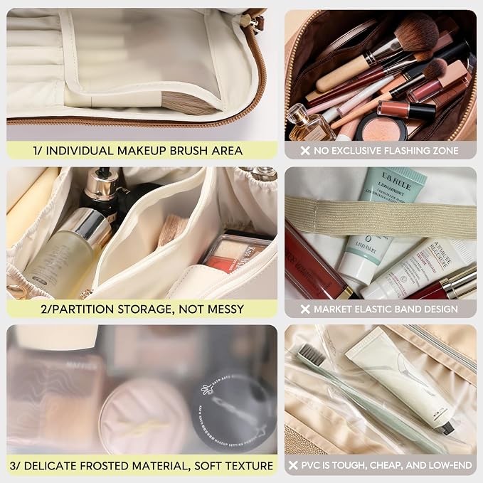 GIVLEFLY Makeup Bag for Women, Large Cosmetic Bag, Travel Toiletry Bag, Waterproof Nylon Organizer with Microfiber Leather, Flat Open for Skincare & Brushes - Image 4