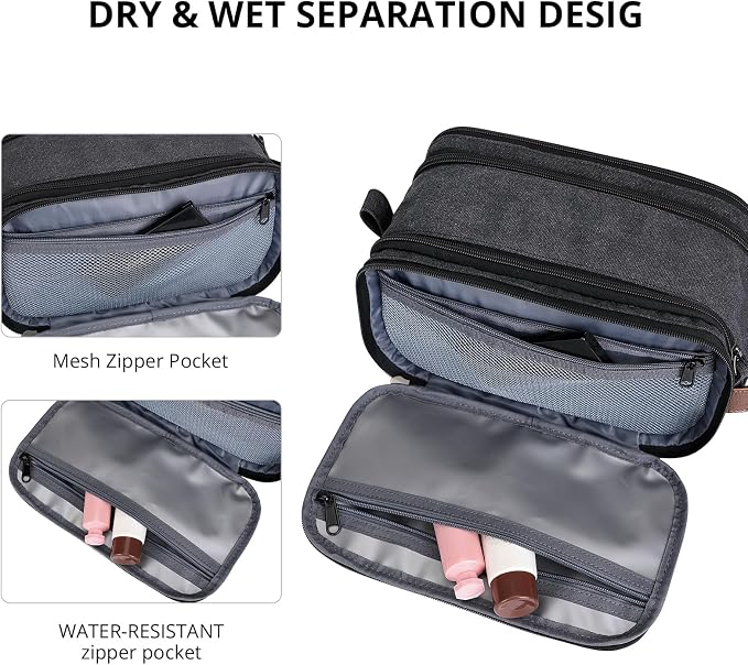 WITZMAN Canvas Toiletry Bag for Men Travel Toiletries Large 7L Dopp Kit | Multi-pockets with Dry-wet Pocket, Side Handle for Hanging, Lightweight, For Daily Use, Bathroom, Make up, A8002 Black - Image 5