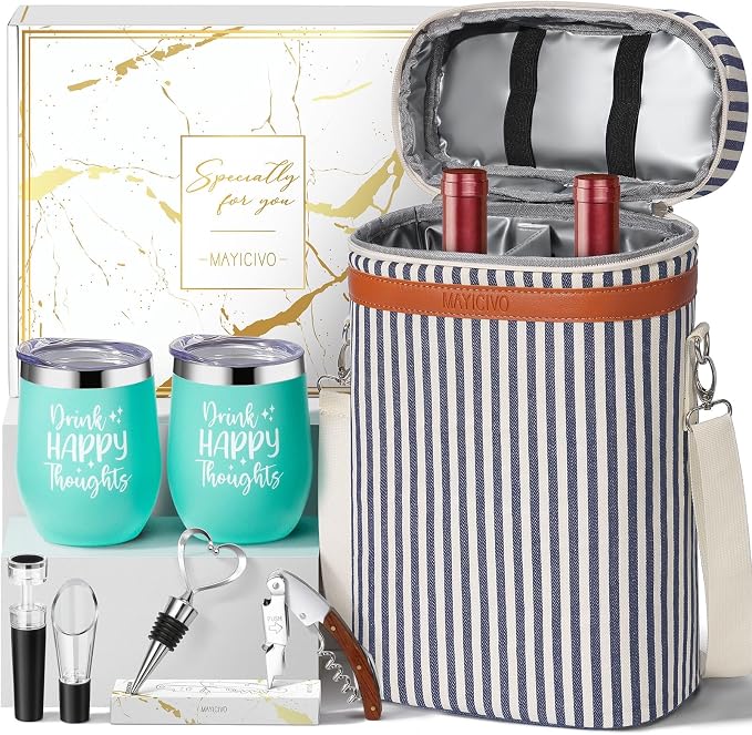 Birthday Gifts for Women Men - Mothers Day Wine Gift Baskets For Woman Mom, Her, Women, Friend, Wine Lovers, Self Care Package, Insulated Wines Tote Bag Carrier w/ Tumblers & Wines Accessories Set by MAYICIVO