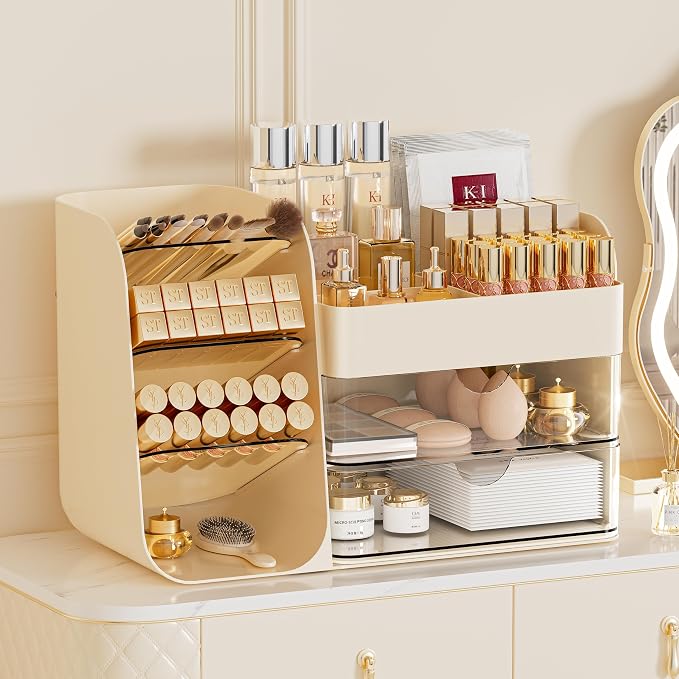 Makeup Organizer Countertop with 2 Drawers, Large Capacity Make Up Organizers for Vanity, Bathroom Organizers and Storage, Cosmetics Organizer Easy To Storage Brushes Eyeshadow Lipstick, Cream by KQJS