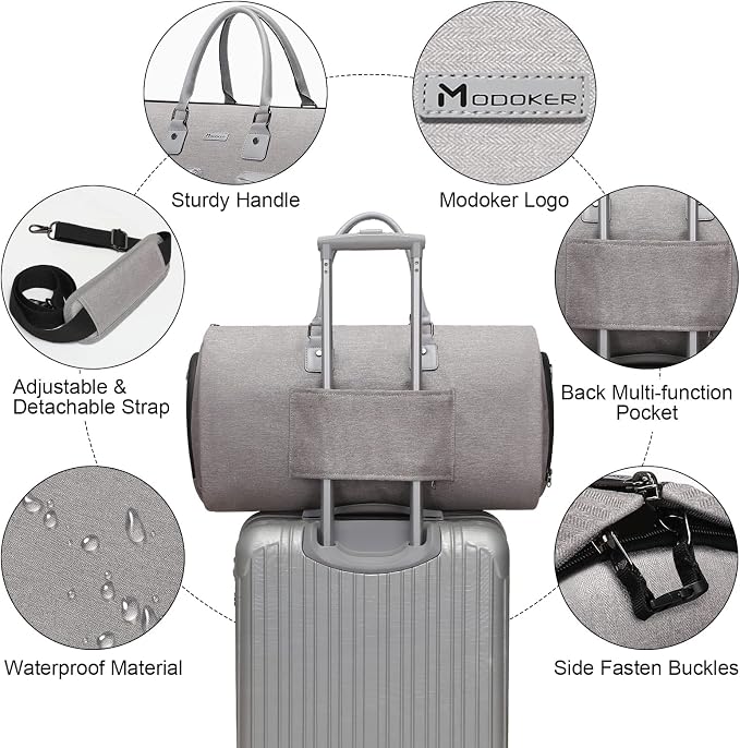 Modoker Convertible Garment Bag with Shoulder Strap, Carry on Garment Duffel Bag for Men Women - 2 in 1 Hanging Suitcase Suit Travel Bags, Light Grey - Image 4