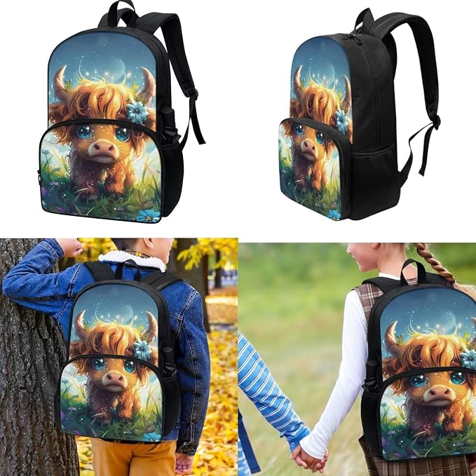 Highland Cow Backpack and Lunch Box Kids School Bag with Lunch Bag for Girls 10-12, 3 in 1 Book Bags Lunchboxes Pencil Case for School, School Backpacks for Primary Girl - Image 3