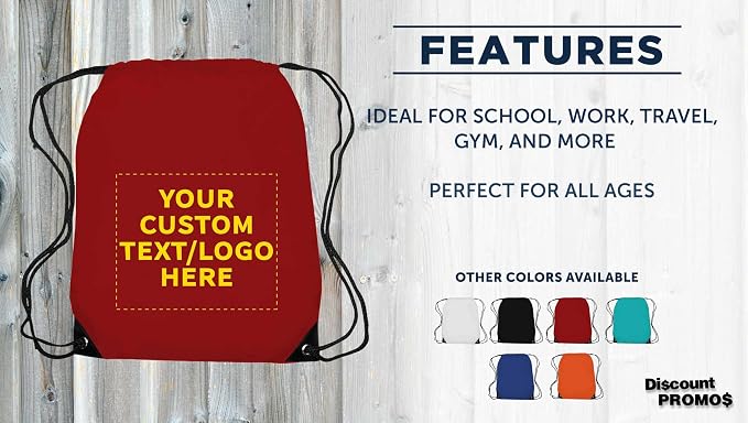 DISCOUNT PROMOS Custom Black Trim Drawstring Backpacks Set of 10/50/100, Personalized Bulk Pack - Gym Bag, Soccer Shoes, Water Resistant - Red - Image 2