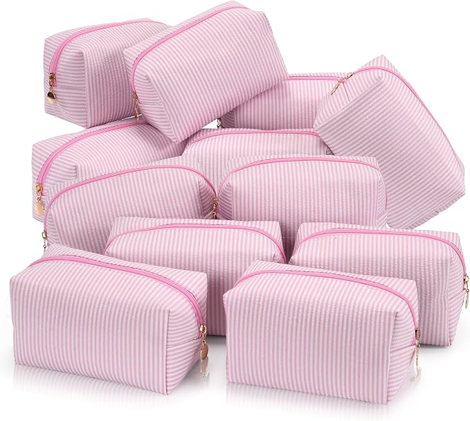 Makeup Bag Set for Women, 12PCS Travel Cosmetic Bags, Striped Seersucker Toiletry Organizer Pouches, Cute Makeup Pouch for Purse, Accessories and Gifts, Pink by Unknown