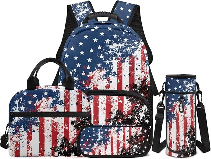 American Flag Backpack for Boys 4 Pack School Bag Rucksack with Reusable Lunch Bag Water Bottle Carrier Bag Pencil Case Set by Unknown