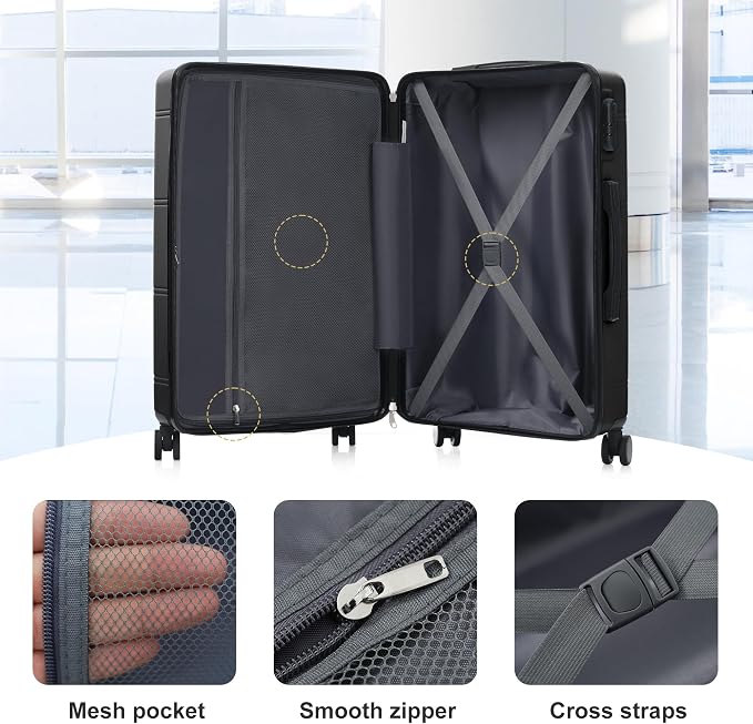 6 Pcs ABS Hardshell Luggage Set Spinner Wheel Suitcase Suitcase All Black - Image 3