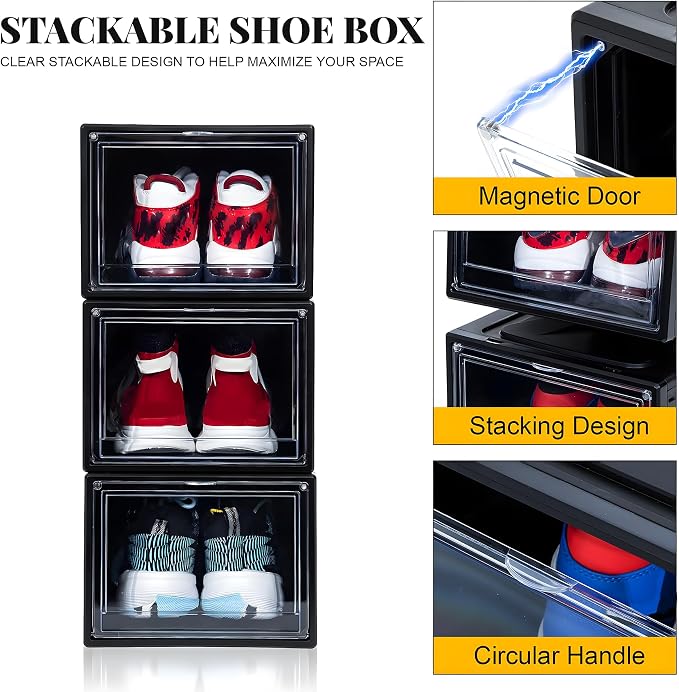 MMBABY 12 Pack Acrylic Black Shoe Boxes– Ultra Plastic Stackable Sneaker Storage For Sneakerhead. Professional Grade Shoe Display Case with Clear Magnetic Door.Fits US Size 15 - Image 6