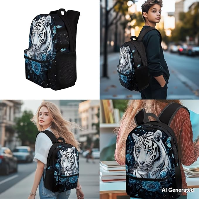 4Pcs White Tiger Backpacks for School Girls Backpack and Lunch Box Set, Blue Rose Kids School Bag with Lunch Box Pencil Case Water Bottle Holder for Elementary Kindergarten Preschool - Image 4