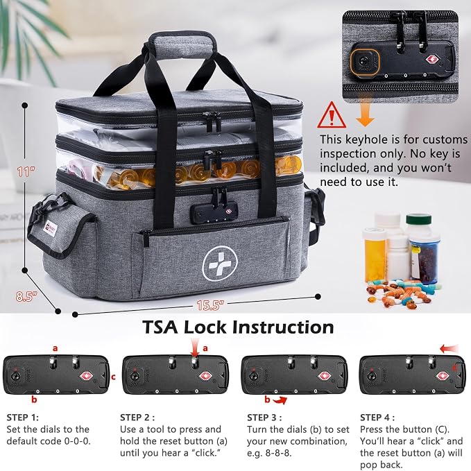 BAGSFY 3-Tier Medicine Organizer with Combination Lock – Large Medicine Bag, Empty First Aid Kit Case, Pill Bottle Medical Supply Organizer, Travel Prescription Bag, Medication Storage Container - Image 2