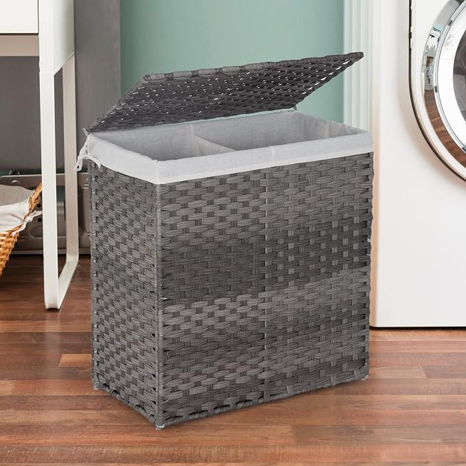 Paylesshere Laundry Basket Handwoven Laundry Hamper 90L/110L Foldable Rattan Laundry Hamper With Lid,2 Removable Liner Bags & 6 Bags,Clothes Bathroom Basket,Grey - Image 7