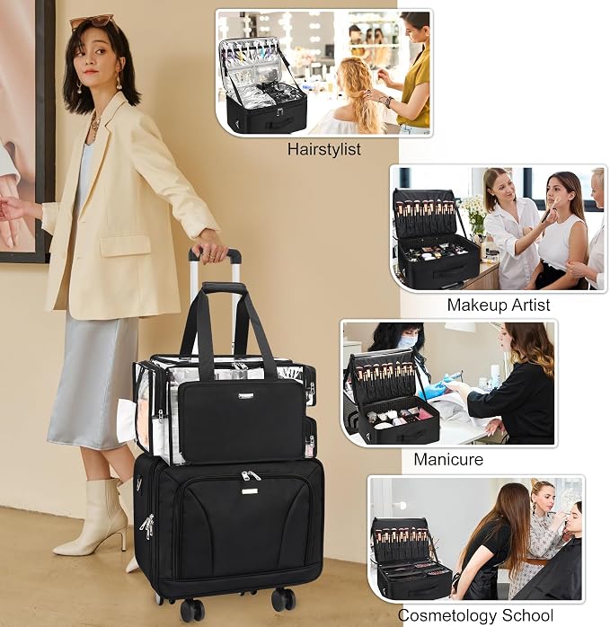 MONSTINA Rolling Makeup Train Caseon Wheels, Clear Makeup Bag Extra Large Makeup Artist Kit Set Cosmetology Case Professional Cosmetics Hairstylist Cosmetic Bag with 4 Bags (Black+Clear Makeup bag) - Image 2