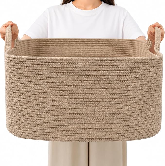 96L Extra Large Cotton Rope Laundry Basket with Sturdy Handles | 24x16x15 Foldable Rectangular Blanket Basket for Toys, Clothes & Pillows,Ideal for Nursery, Bathroom, Bedroom, Living Room by HZFTJOY