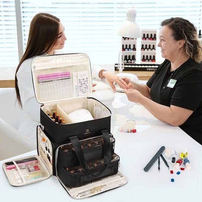 Relavel Nail Polish Organizer, Double Layer Nail Bag Holds 80-100 Bottles (15ml/0.5fl.oz) & Nail Lamp Nail Kit Storage Case, Extra Large Travel Nail Supplies Shoulder Bag for Manicure Tools (Black) - Image 8