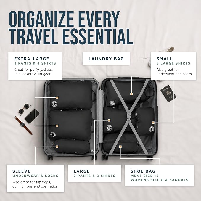 Large Compression Packing Cubes for Travel-Packing Cube Luggage Organizers 7 Piece Set for Checked Luggage-Ultralight, Expandable/Compression Bags by TRIPPED Travel Gear (Black) - Image 2