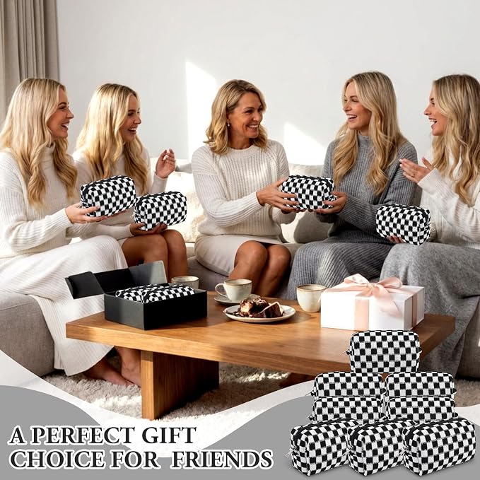 Gilprop 8 Pcs Checkered Makeup Bag for Purse Small Cosmetic Pouch Bulk Portable Zipper Makeup Pouch Travel Toiletry Organizer Gifts for Women Bridesmaid Wedding Party Favors (Black) - Image 7