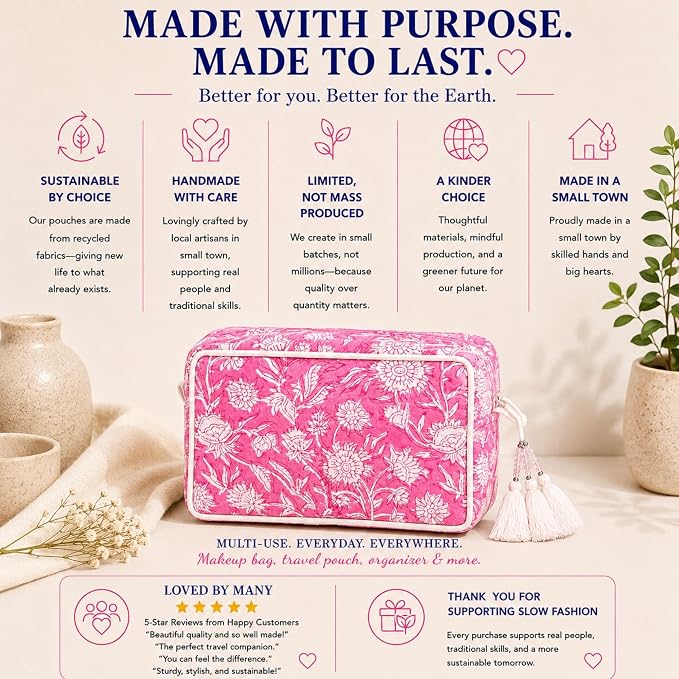 Travel Makeup Bag- Large Capacity Cosmetic Bags for Women - Water Resistance Lining Portable Pouch & Open Toiletry Bag - Perfect Girls Makeup Organizer for Travel Essentials (White & Pink Floral) - Image 5
