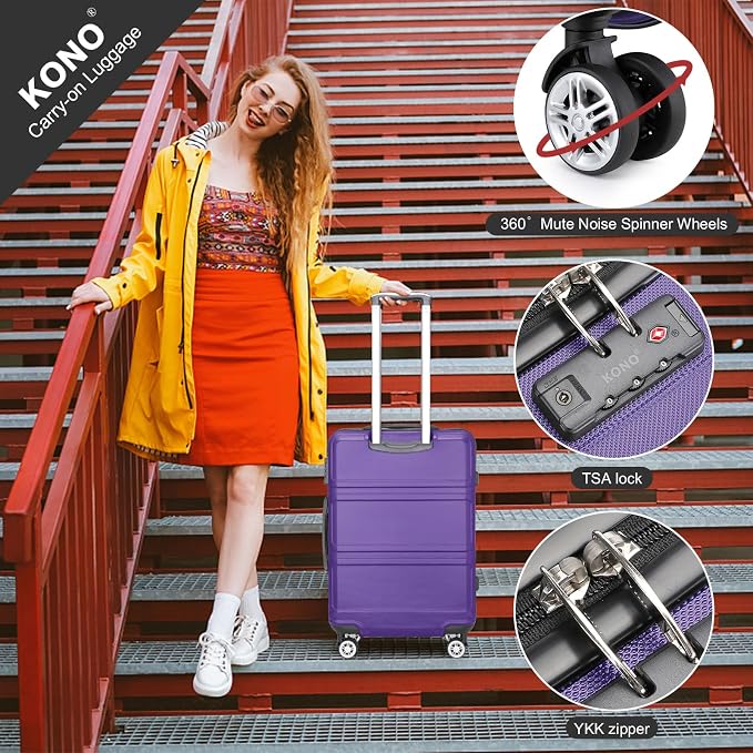 Kono Luggage Set 4 Piece Carry On Hardside Luggage with Spinner Wheels | Lightweight PC+ABS Carry On Suitcase with TSA Lock Purple - Image 4