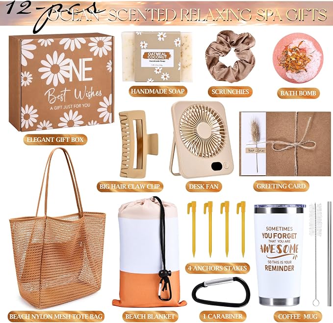 Beferr Mothers Day Beach Gifts Basket for Women, 79" X 83" Beach Blanket Waterproof Sandproof, Beach Mesh Tote Bags, Birthday Baskets for Her Wife Mom Sister Grandma Friend - Image 3