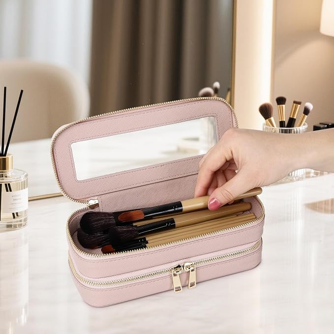 Double Layer Makeup Bag Makeup Brush Case Waterproof Travel Cosmetic & Toiletry Bag Purse Organizer and Car Essentials for Women (Pink 2-Layer SLIM) - Image 2