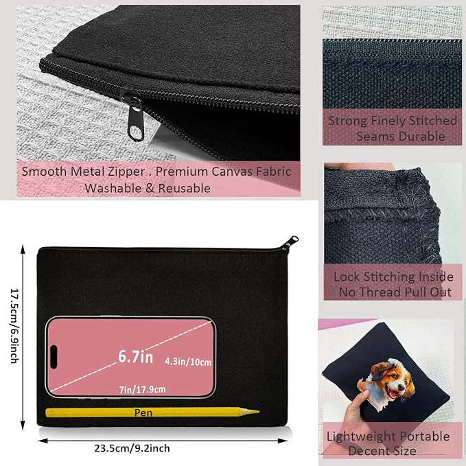 Koolmox 30 Makeup Bags in Bulk, 9x7 Large Plain Black Canvas Pouch with Zipper, Cotton Cosmetic Bags Wholesale for Painting, Heat Transfer Printing, Crafting, DIY Drawing Decoration, Pen Case - Image 2