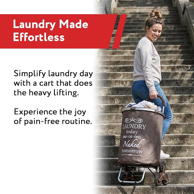dbest products Stair Climber Laundry Trolley Dolly, Brown Laundry Bag Hamper Basket cart with wheels sorter - Image 9