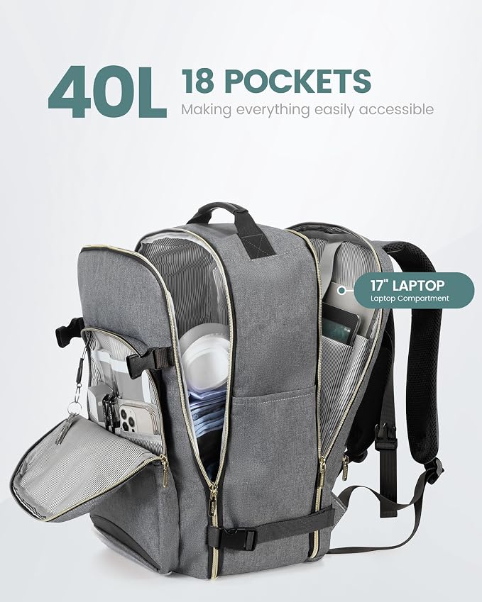 LOVEVOOK 40L Travel Backpack Flight Approved Carry on Backpack,3 Packing Cubes,Waterproof Personal Item Travel Bag,TSA Carry on Luggage Suitcase Travel Essentials,Gifts for Women & Men,fits 17" Laptop - Image 3