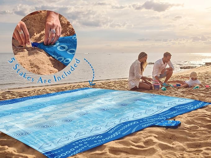 WEKAPO Beach Blanket Waterproof Sandproof Oversized Extra Large Sand Free Beach Mat with Stakes, Storage Bag - Essentials for Outdoor Beach, Picnic (Bohemian Starfish, 11 X 9 FT (1~10 Person)) - Image 6