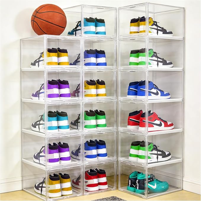 2 Pack Deep Clear PET Sneaker Boxes for Sneakers & High Tops,Fit Size 13 | 10.6 x 14.2 x 9.1 in deep narrow-front boxes for sneakers, athletic shoes and many high-top styles. Space saving storage - Image 9