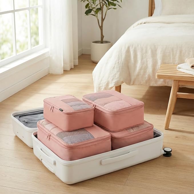 4 Piece Compression Packing Cubes for 3–7 Day Travel, Dusty Pink | Wrinkle-Resistant Memory Fabric, Breathable Mesh Panel, Double-Zipper, Small to Large Size Bag, Smart Organization - Image 7
